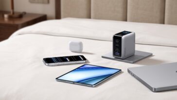 Le chargeur UGREEN Nexode Pro 100W posé sur un lit avec des appareils électroniques.