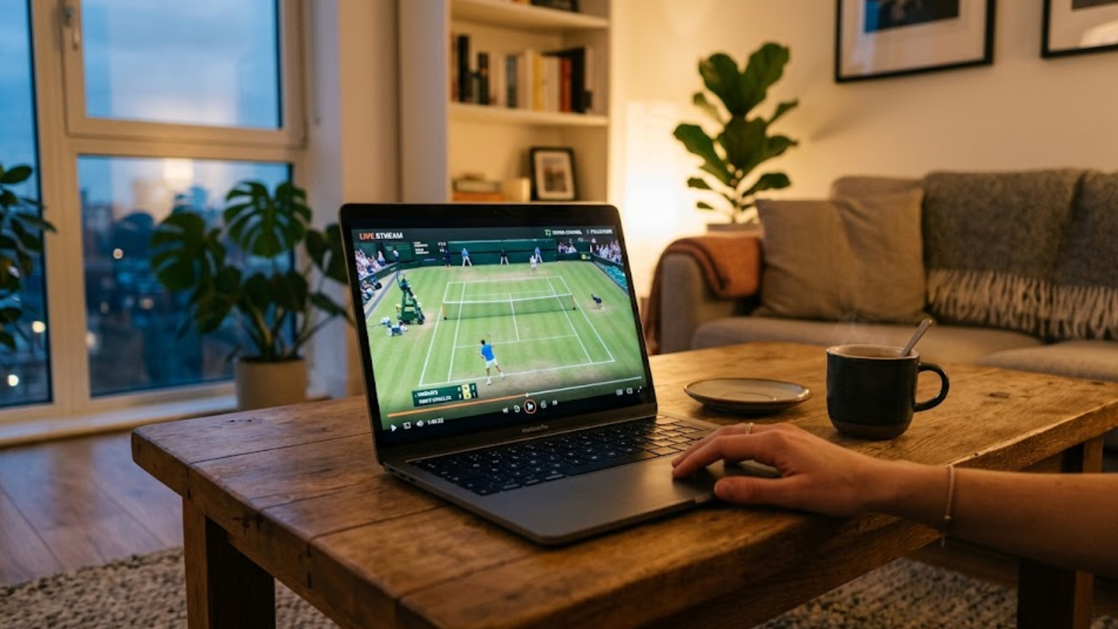 Ordinateur portable diffusant un match de tennis en direct dans un salon moderne