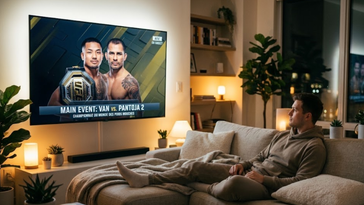 Homme dans son salon regardant le combat Van vs Pantoja 2 en streaming sur une télévision.