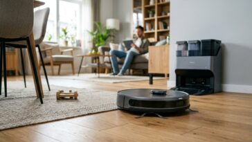 Un des aspirateurs robots hybrides de 2026 nettoie un parquet dans un salon lumineux près de sa station d'accueil.