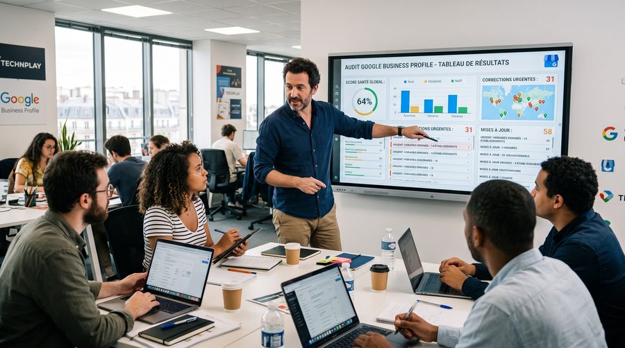 Un responsable marketing expose le tableau de résultats d'un outil d'audit de fiches Google Business