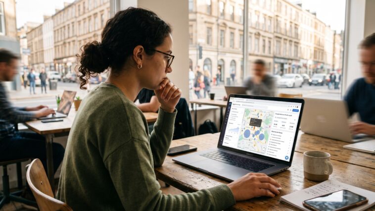 Une professionnelle analyse le tableau de bord d'un outil d'audit de Google Business Profile sur son ordinateur portable.