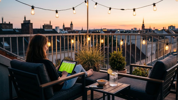 Personne regardant un match de football sur tablette depuis une terrasse en ville au coucher du soleil.