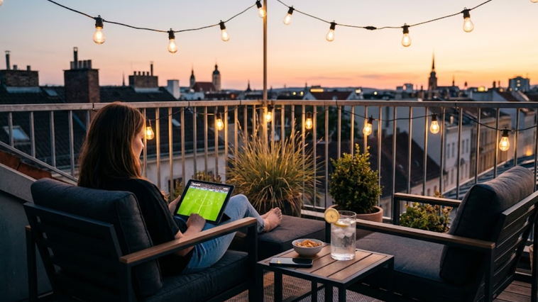 Personne regardant un match de football sur tablette depuis une terrasse en ville au coucher du soleil.