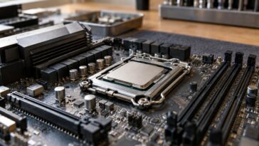Gros plan d’un CPU fixé dans son socket sur une carte mère, avec les emplacements de mémoire vive à proximité