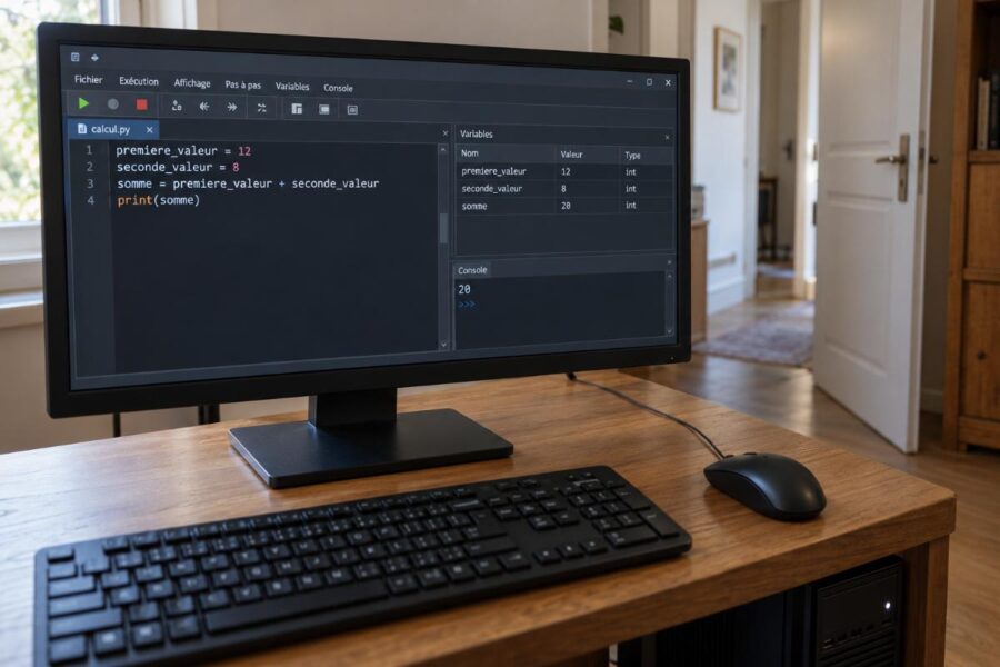 Écran d’ordinateur affichant un calcul Python, les valeurs des variables et le résultat 20 dans une interface en français