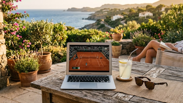 Ordinateur portable diffusant un match de tennis sur une terrasse méditerranéenne ensoleillée avec citronnade et lunettes de soleil.