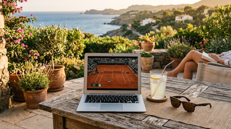 Ordinateur portable diffusant un match de tennis sur une terrasse méditerranéenne ensoleillée avec citronnade et lunettes de soleil.