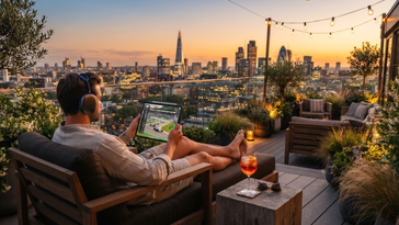 Un homme en chaise longue sur un toit-terrasse regarde une course sur sa tablette, face à la skyline de Londres au coucher du soleil.