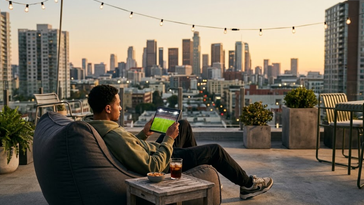 Jeune homme qui regarde du football en streaming sur tablette depuis un rooftop.
