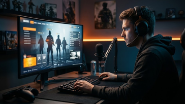 Joueur concentré dans une pièce gaming jouant à un FPS militaire sur écran PC.