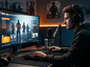 Joueur concentré dans une pièce gaming jouant à un FPS militaire sur écran PC.