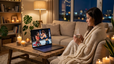 Femme regardant un combat de l'UFC en direct sur un ordinateur portable à la maison avec une boisson chaude