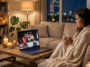 Femme regardant un combat de l'UFC en direct sur un ordinateur portable à la maison avec une boisson chaude