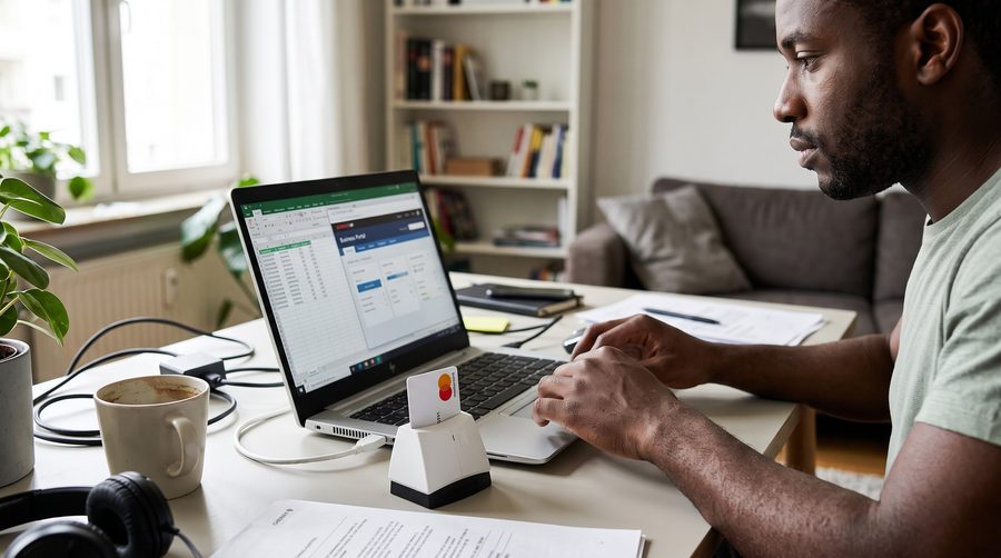 Un homme noir travaille chez lui avec un ordinateur portable ; le lecteur de cartes à puce CHERRY SMART TERMINAL ST-1150 est branché sur son ordinateur ; une carte Mastercard se trouve dans le lecteur.