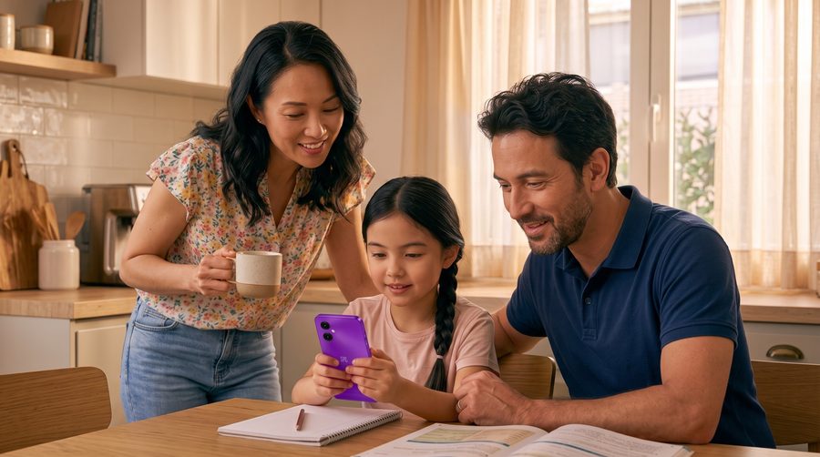 Des parents qui observent leur petite fille utiliser le téléphone SPC WUUM ONE.