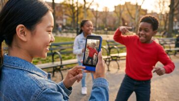 Une petite fille utilise le SPC WUUM ONE pour prendre en photo ses camarades de jeu.