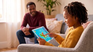 Un papa qui regarde sa fille utiliser la tablette SPC WUUM TAB.