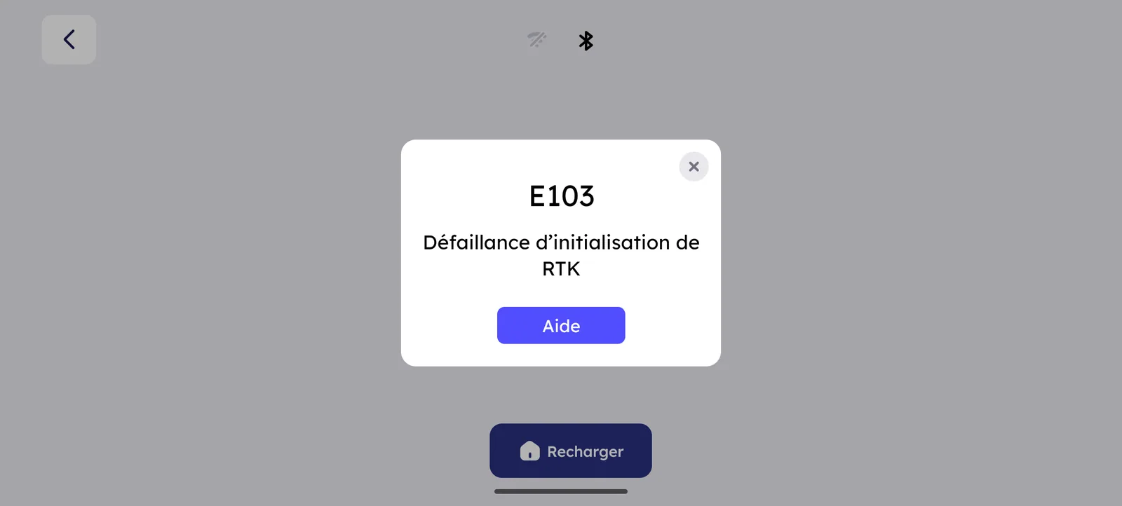Capture d’écran de l’application ANTHBOT affichant l’erreur E103 de défaillance d’initialisation RTK