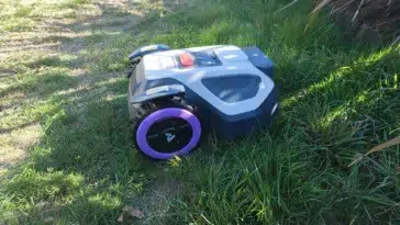 Robot tondeuse ANTHBOT M5 sur une pelouse pendant notre test